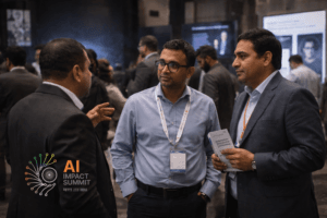 An AI generated image with people discussing business at the India AI Impact Summit 2026