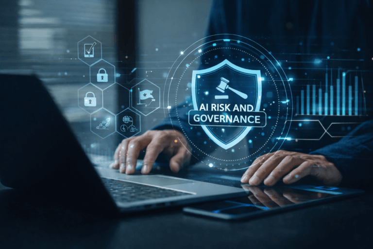 Risk and Governance Professional working on laptop