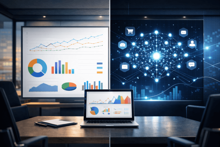 Corporate boardroom with marketing analytics dashboard contrasted against futuristic AI data modeling interface.
