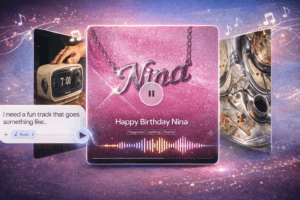 A landscape illustration showing Google’s Gemini app generating a custom birthday song using the Lyria 3 AI model, with a music prompt interface on the left and an AI-created track titled “Happy Birthday Nina” displayed at the center.