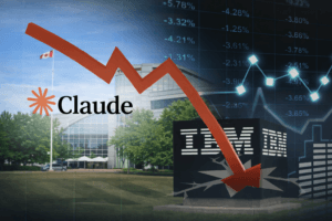 Red arrow going downwards showing IBM stocks hit with IBM office in background and Claude logo on left
