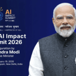 Poster for the India AI Impact Summit 2026 featuring an Indian political leader on a blue tech-themed background with event details and summit branding.