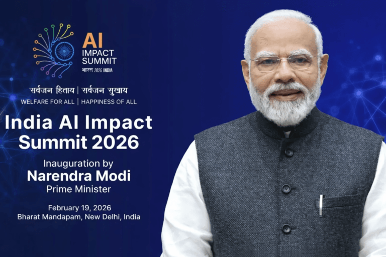 Poster for the India AI Impact Summit 2026 featuring an Indian political leader on a blue tech-themed background with event details and summit branding.