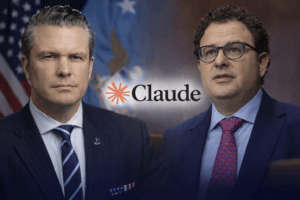 U.S. Defense Secretary Pete Hegseth and Anthropic CEO Dario Amodei facing forward, with the Claude AI logo centered between them against a muted government-themed background.