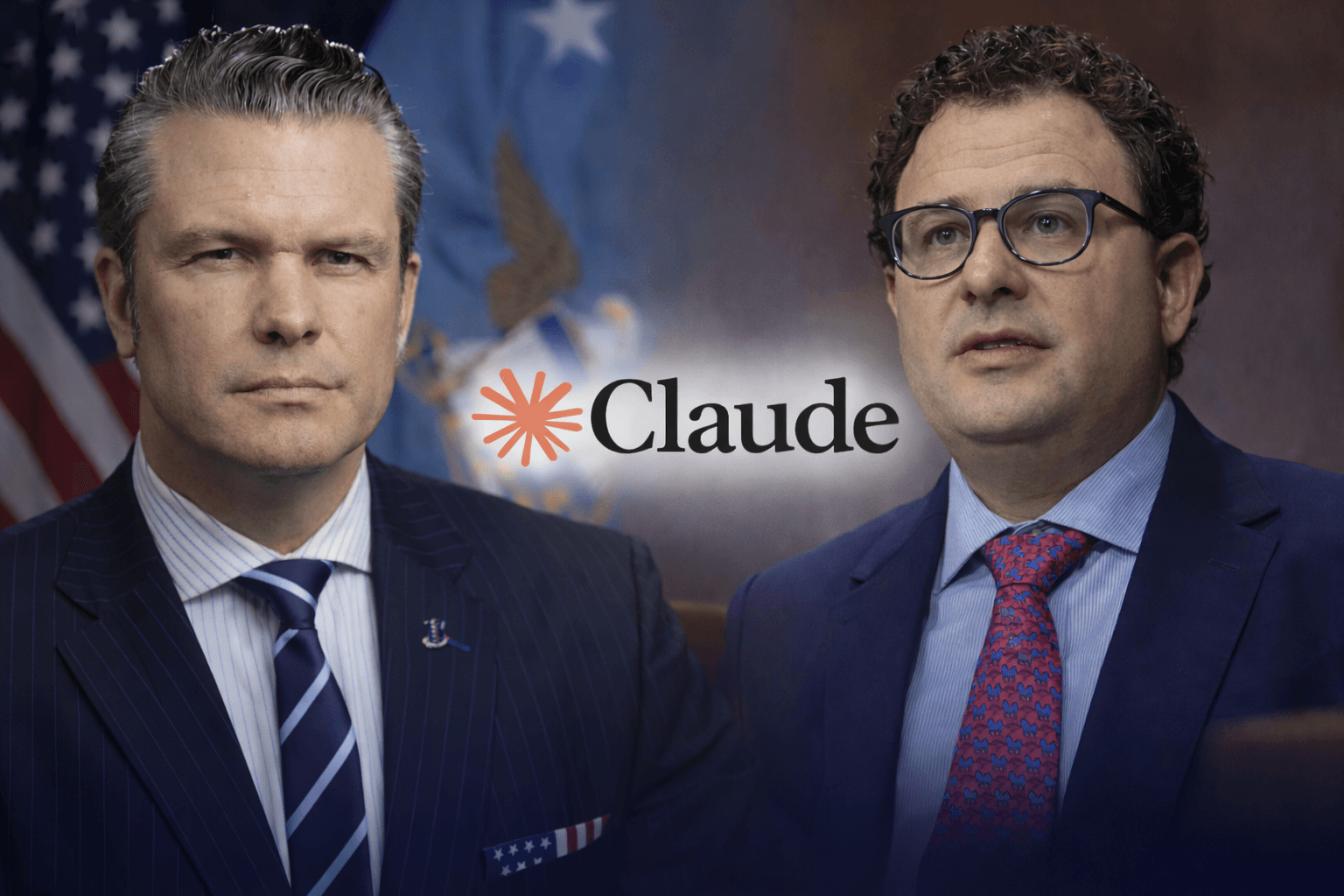 U.S. Defense Secretary Pete Hegseth and Anthropic CEO Dario Amodei facing forward, with the Claude AI logo centered between them against a muted government-themed background.