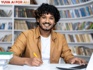 Student studying with Yuva AI for All logo above top left corner