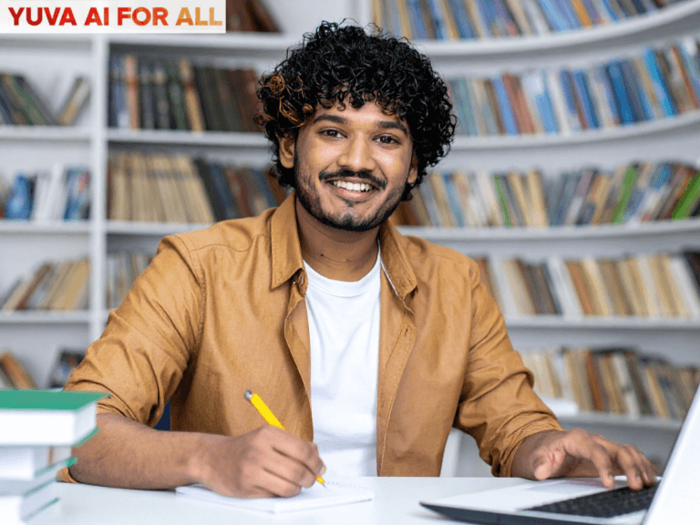 Student studying with Yuva AI for All logo above top left corner