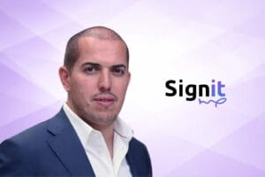 Signit logo and founder image with geometric mauve background