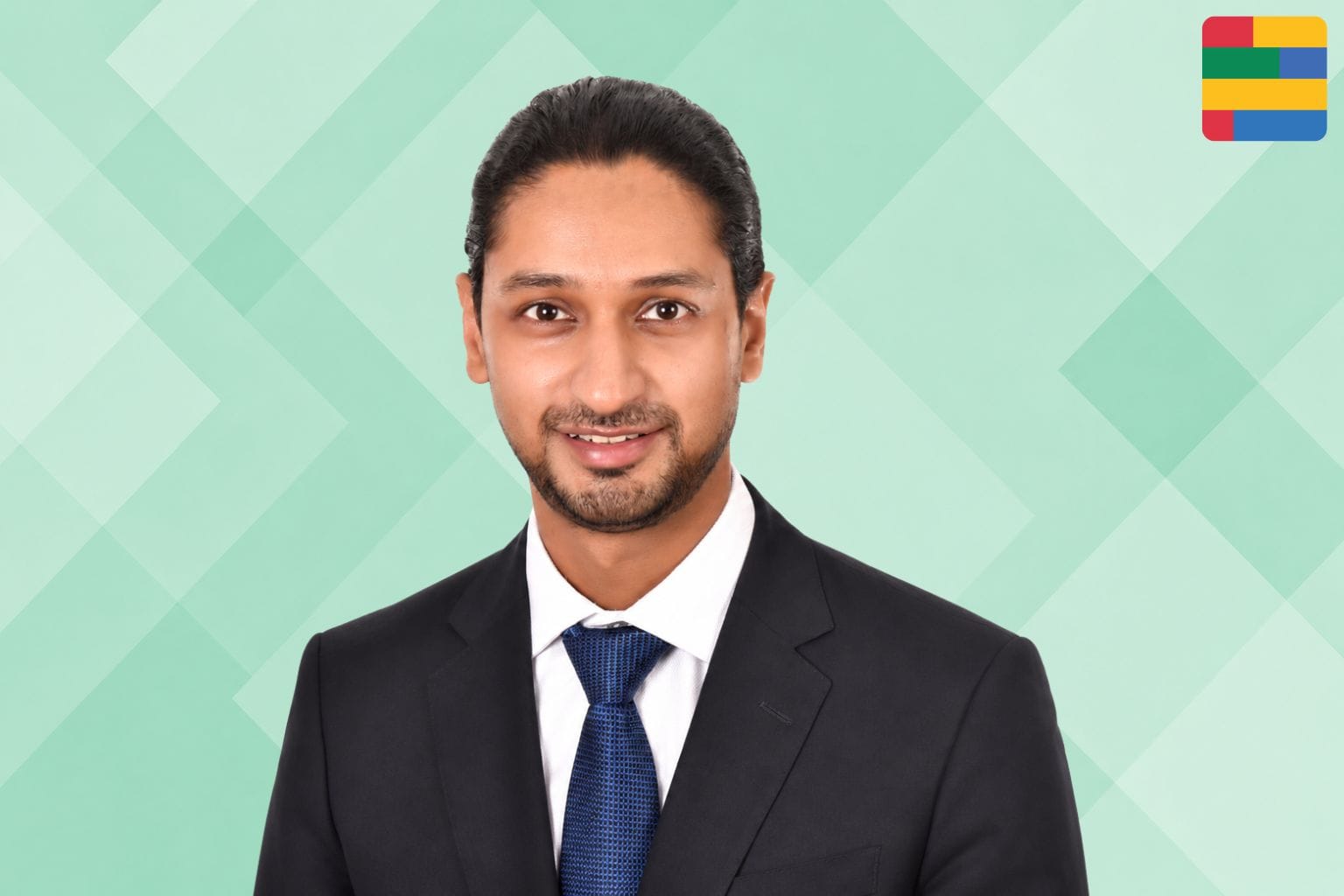 AI Library founder image and logo with green geometric background
