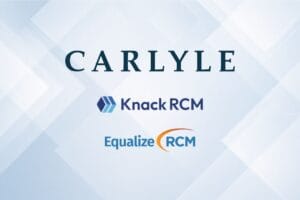 Carlyle, Knack RCM and Equalize RCM logos with light blue geometric background