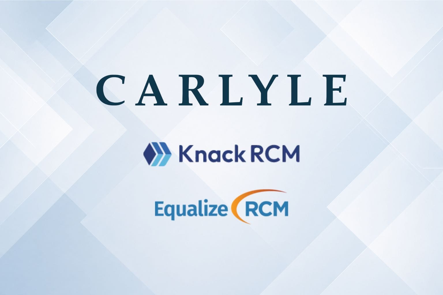 Carlyle, Knack RCM and Equalize RCM logos with light blue geometric background