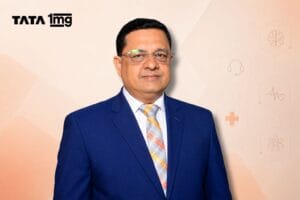 Anubhav Mehrotra, tata 1mg VP, CX image and tata 1mg logo with geometric peach background and subtle healthcare elements