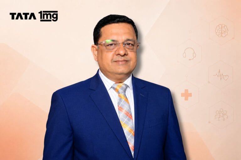 Anubhav Mehrotra, tata 1mg VP, CX image and tata 1mg logo with geometric peach background and subtle healthcare elements