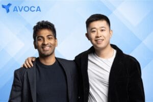 Avoca AI founders and logo images with blue geometric background