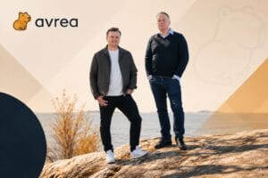 Avrea founders and logo image with geometric yellow background