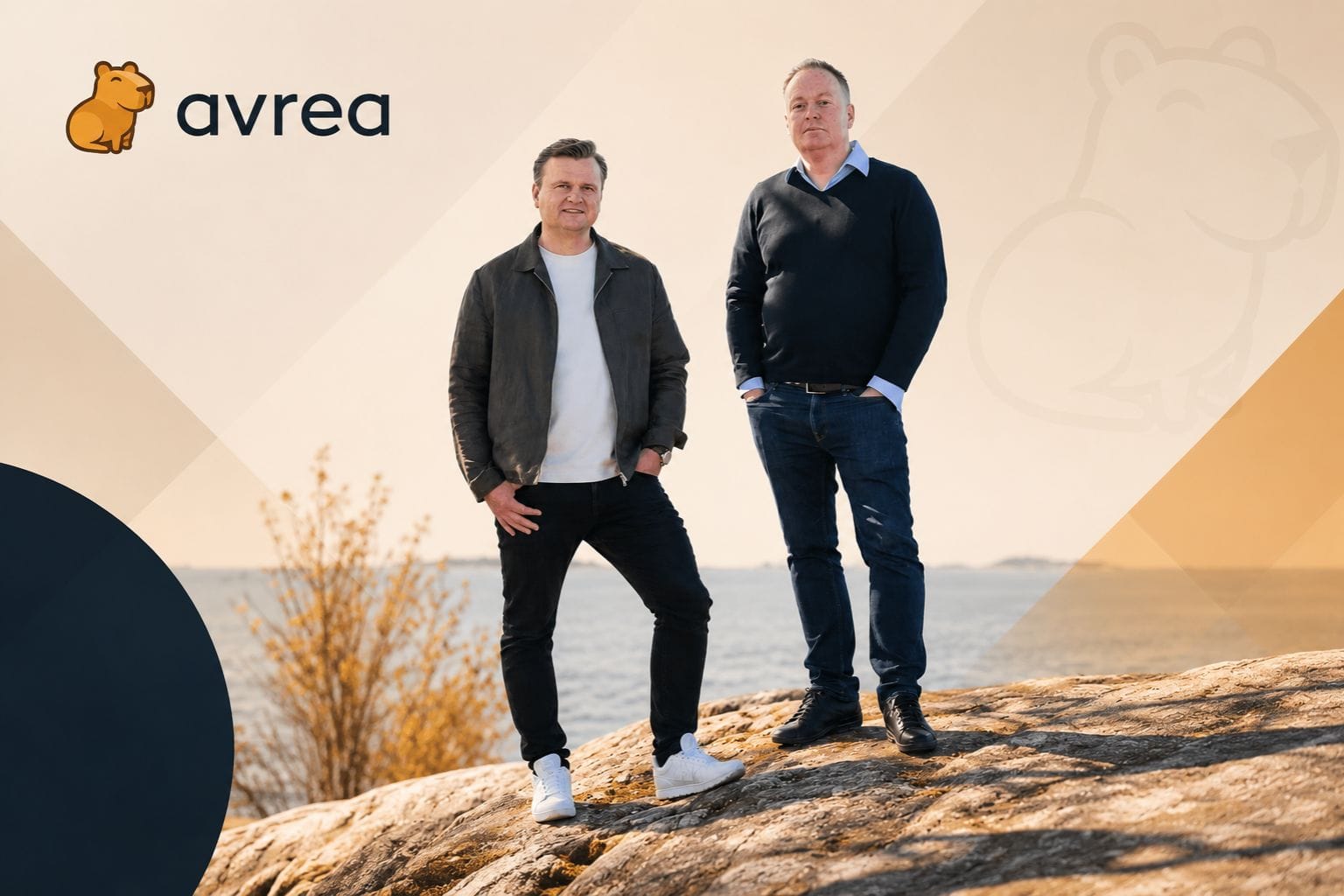 Avrea founders and logo image with geometric yellow background