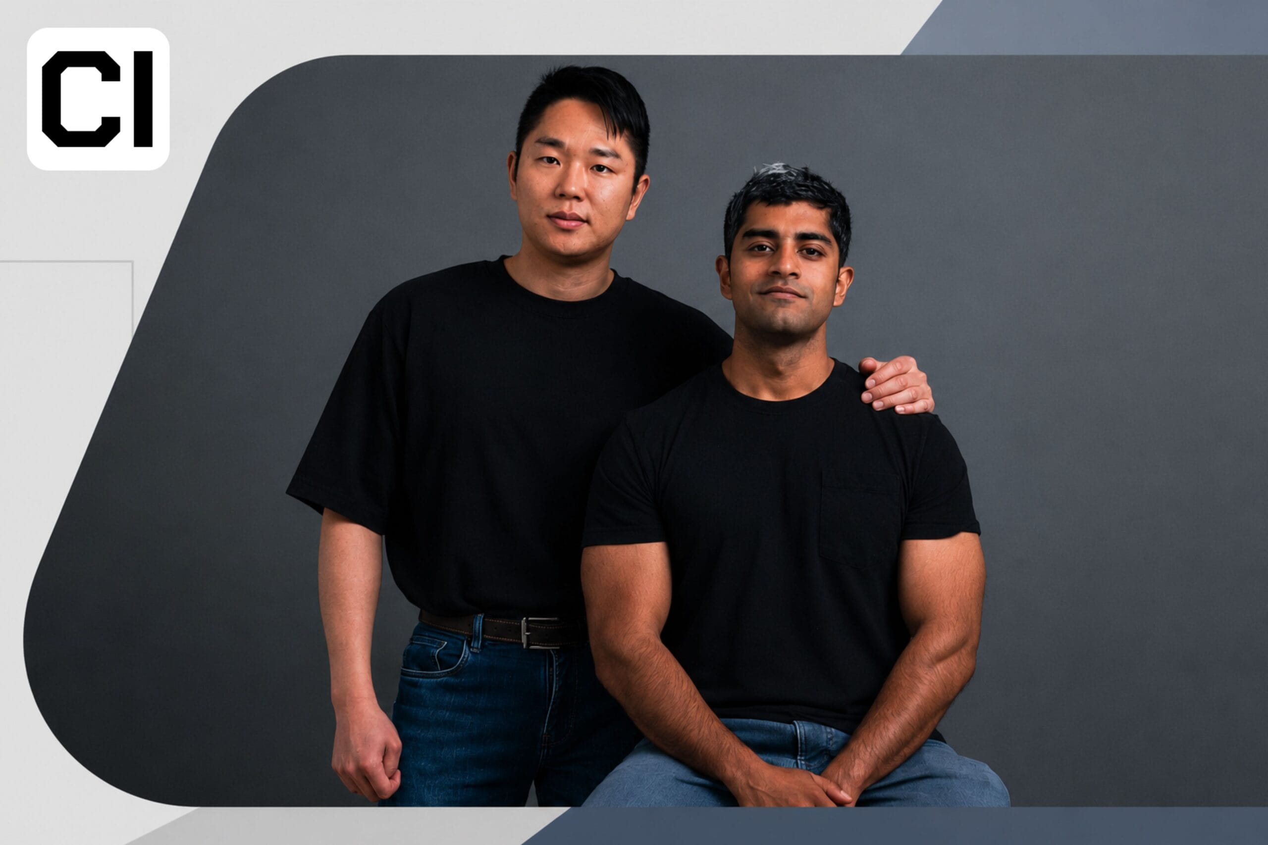 CodeIntegrity founders and logo with geometric grey background
