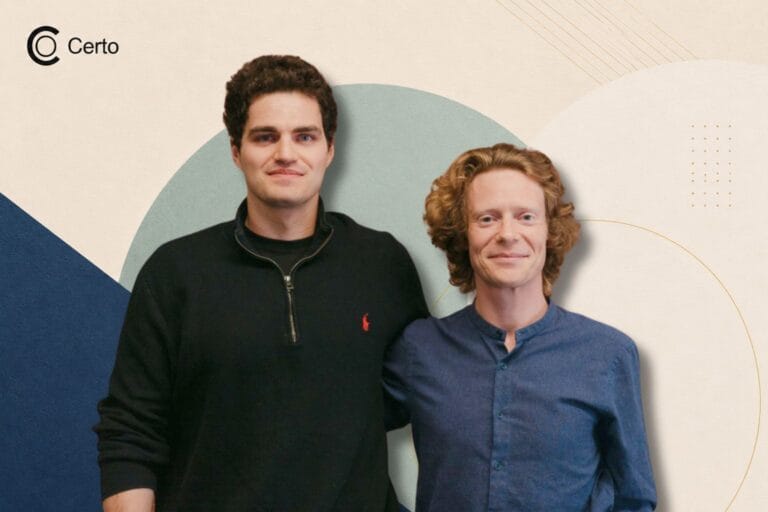 Certo founders and logo with geometric background