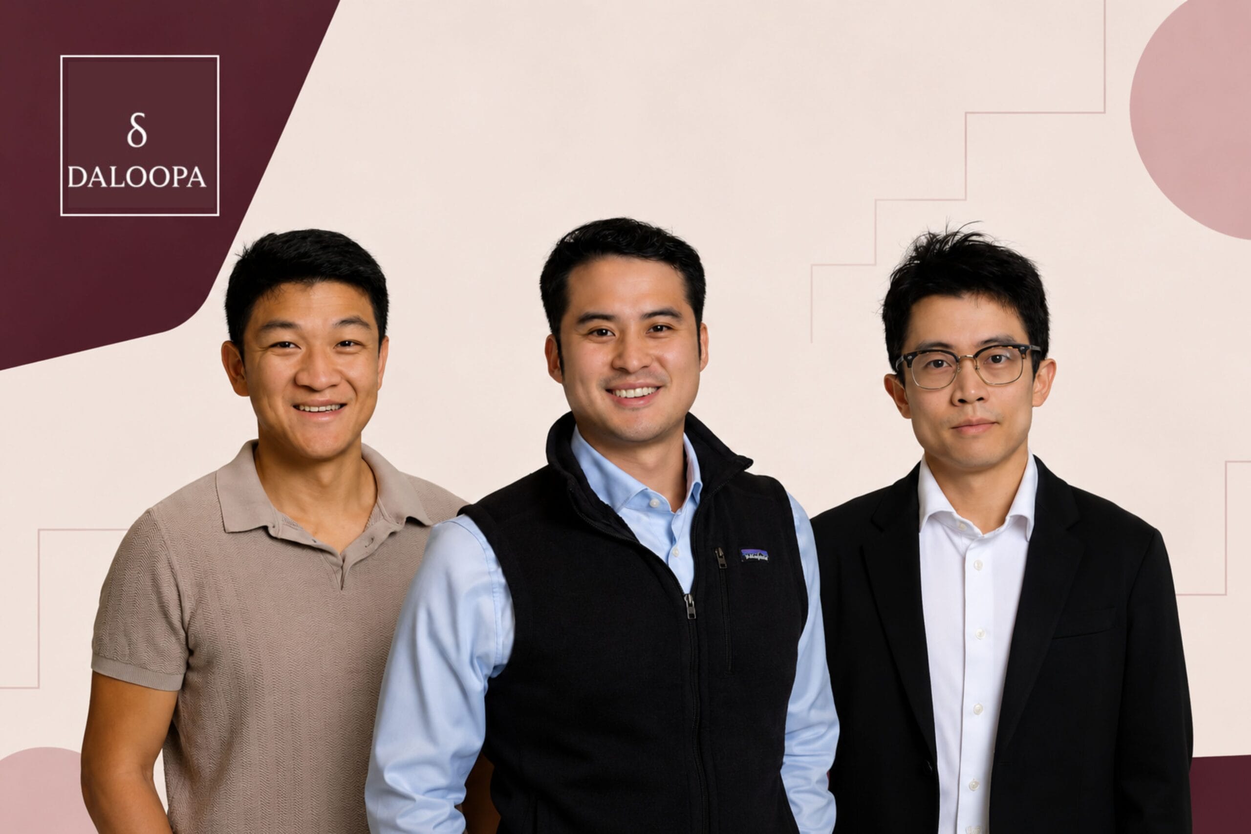 Daloopa founders and logo picture with geometric background.