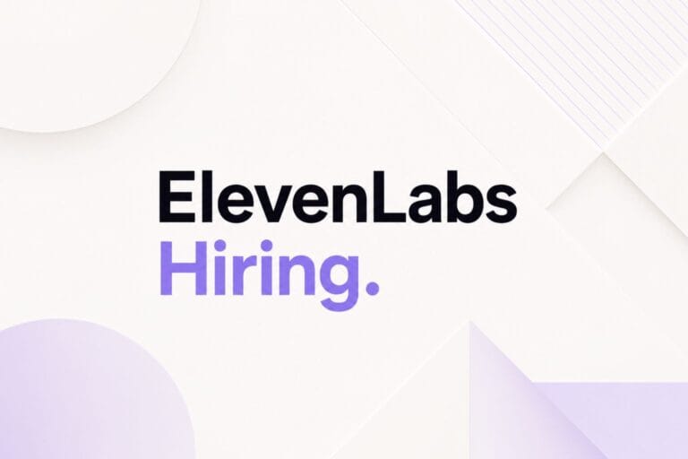 Minimalist hiring banner for ElevenLabs featuring subtle geometric patterns, soft lavender accents, and modern typography on a clean light background.