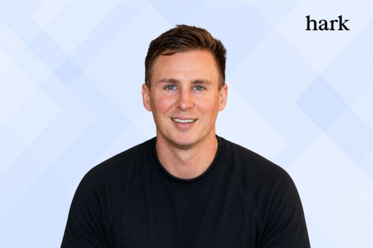 Hark founder and logo image with light blue geometric background