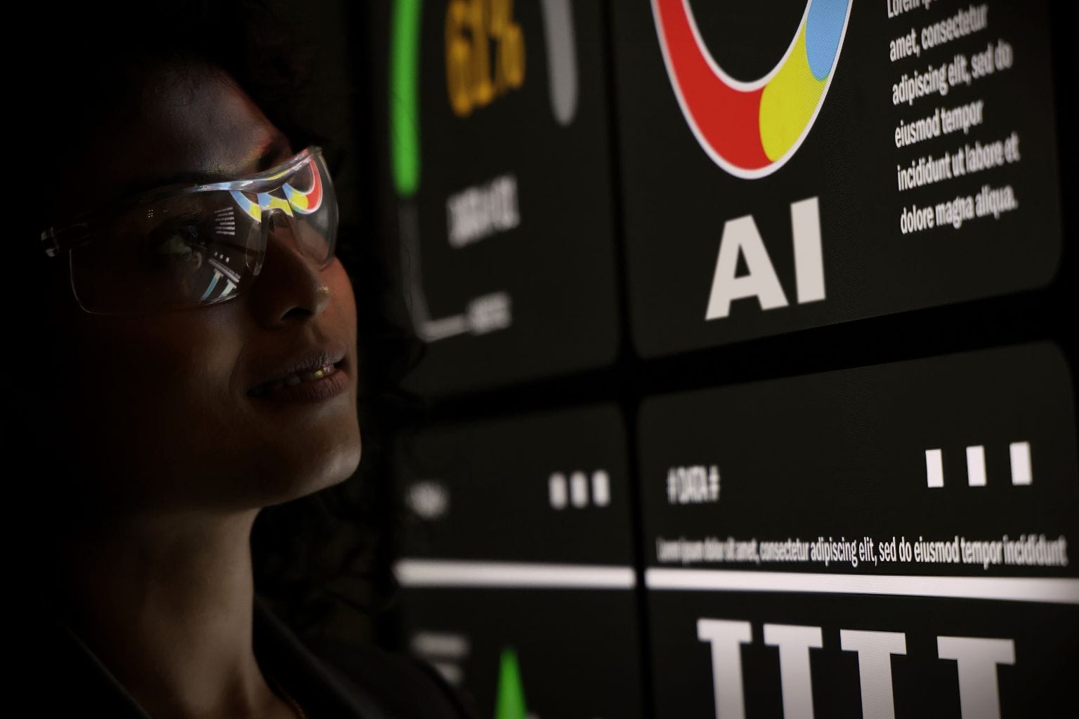 a woman looking at a chart showing AI figures with a dark background.