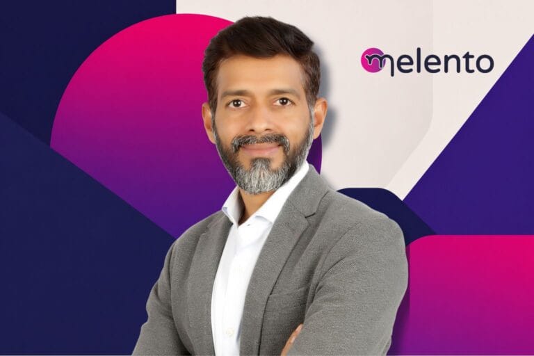Abstract geometric background in Melento brand colors featuring layered navy, magenta, purple, and off-white shapes in a modern editorial-style composition along with founder's image.