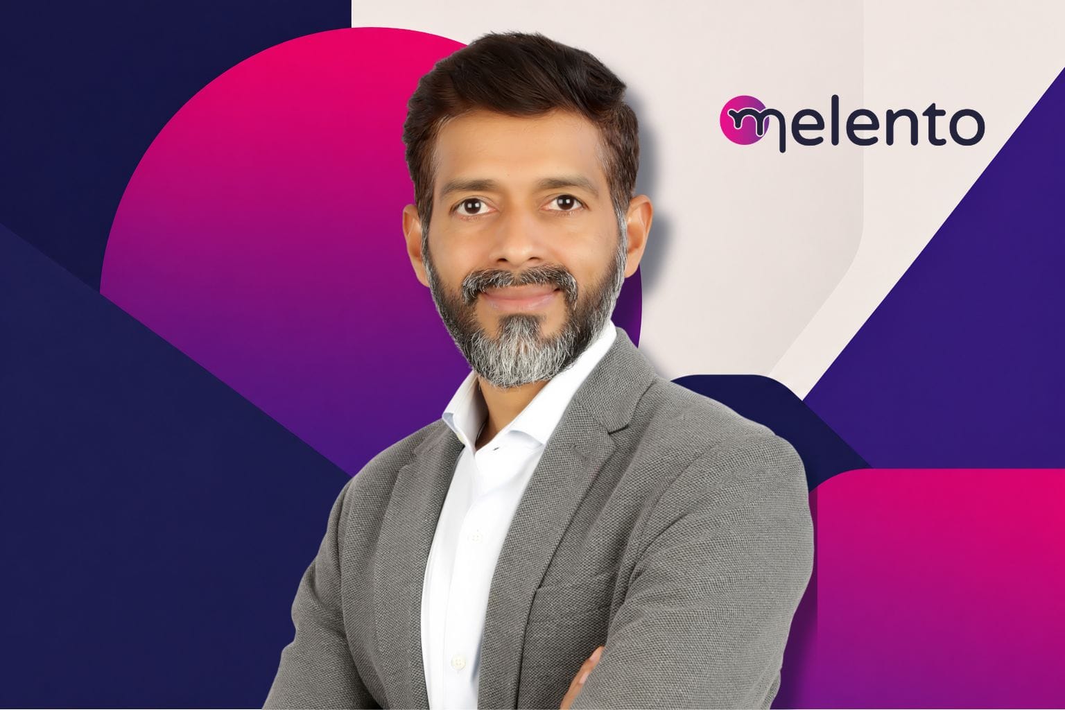 Abstract geometric background in Melento brand colors featuring layered navy, magenta, purple, and off-white shapes in a modern editorial-style composition along with founder's image.