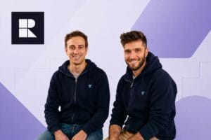 Rep AI founders and logo with mauve geometric background