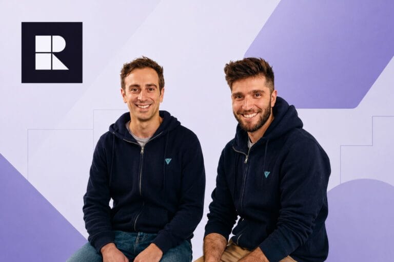 Rep AI founders and logo with mauve geometric background