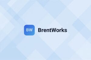 BrentWorks logo and geometric blue background