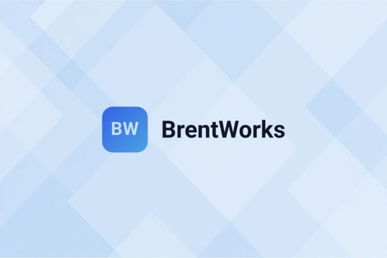 BrentWorks logo and geometric blue background