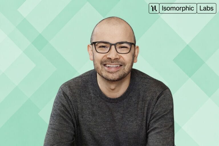 Isomorphic Labs founder and logo with green background