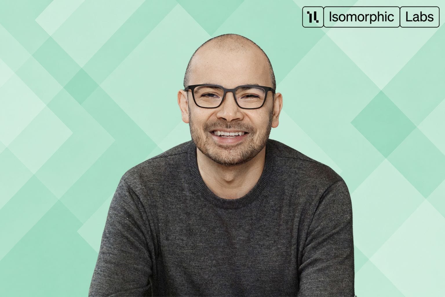 Isomorphic Labs founder and logo with green background