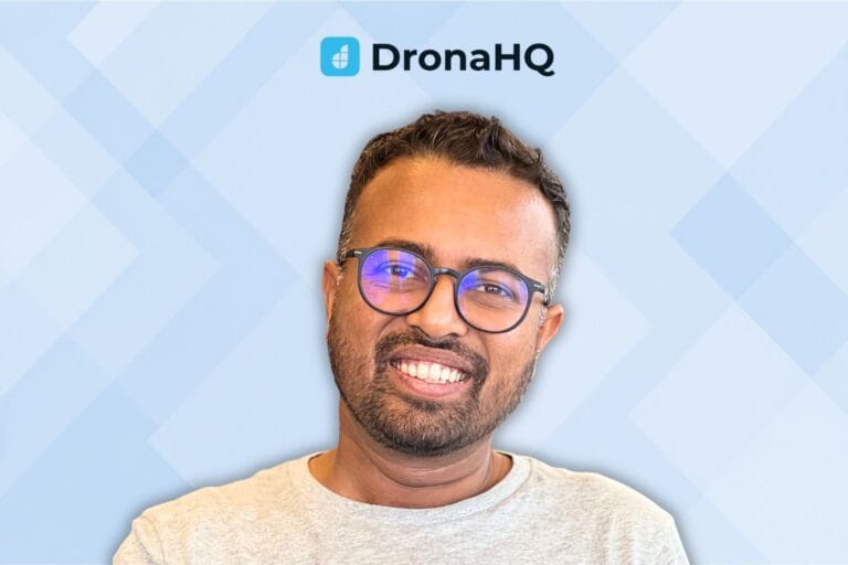 DronaHQ logo and founder image with blue geometric background