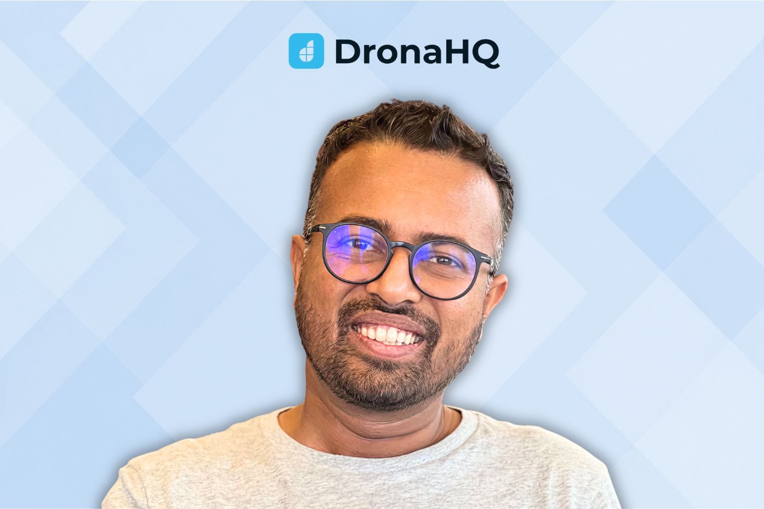 DronaHQ logo and founder image with blue geometric background