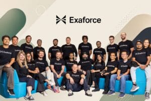 Exaforce logo and team images with geometric background