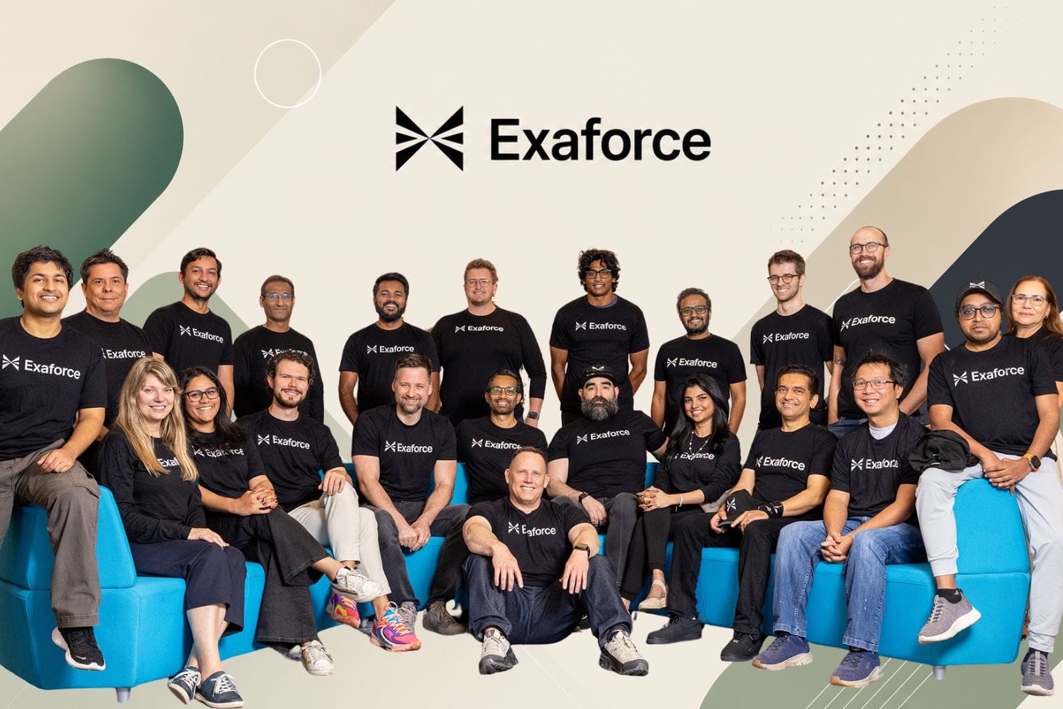 Exaforce logo and team images with geometric background