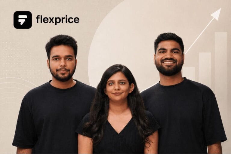 Flexprice logo and founders image with beige background and subtle geometric elements