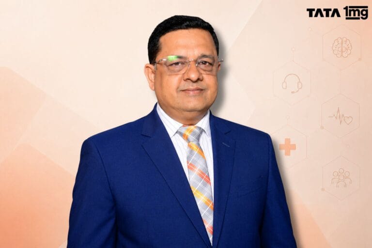 Tata 1mg CX head image with logo and geometric peach background highlighting hmedical elements