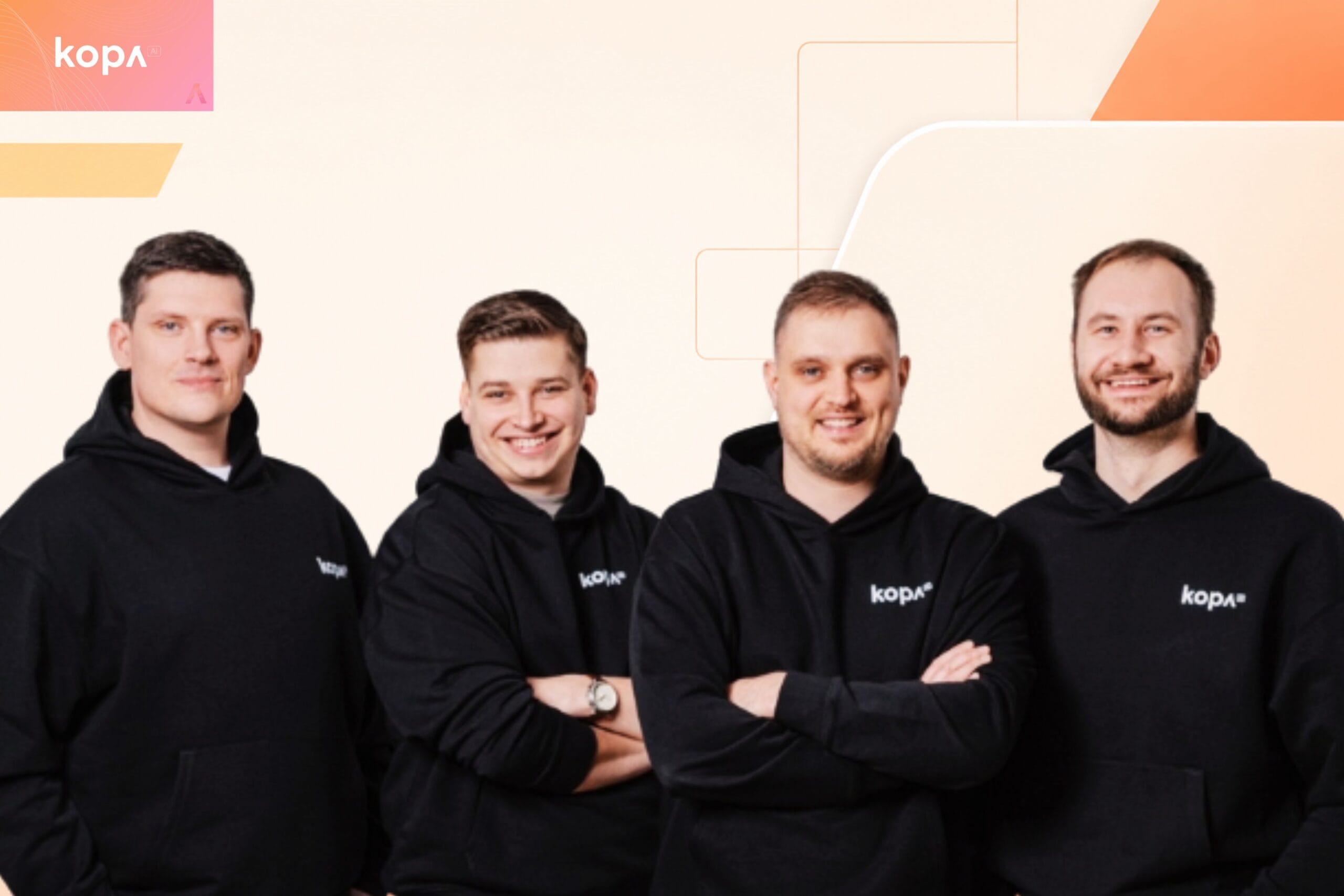 Kopa.ai founders image with logo and subtle geometric background in light peach color
