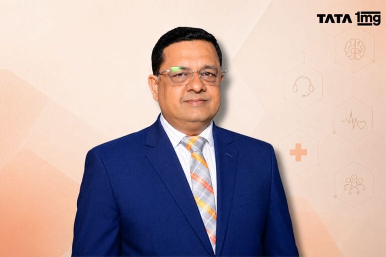 Tata 1mg CX head image with logo and geometric peach background highlighting hmedical elements