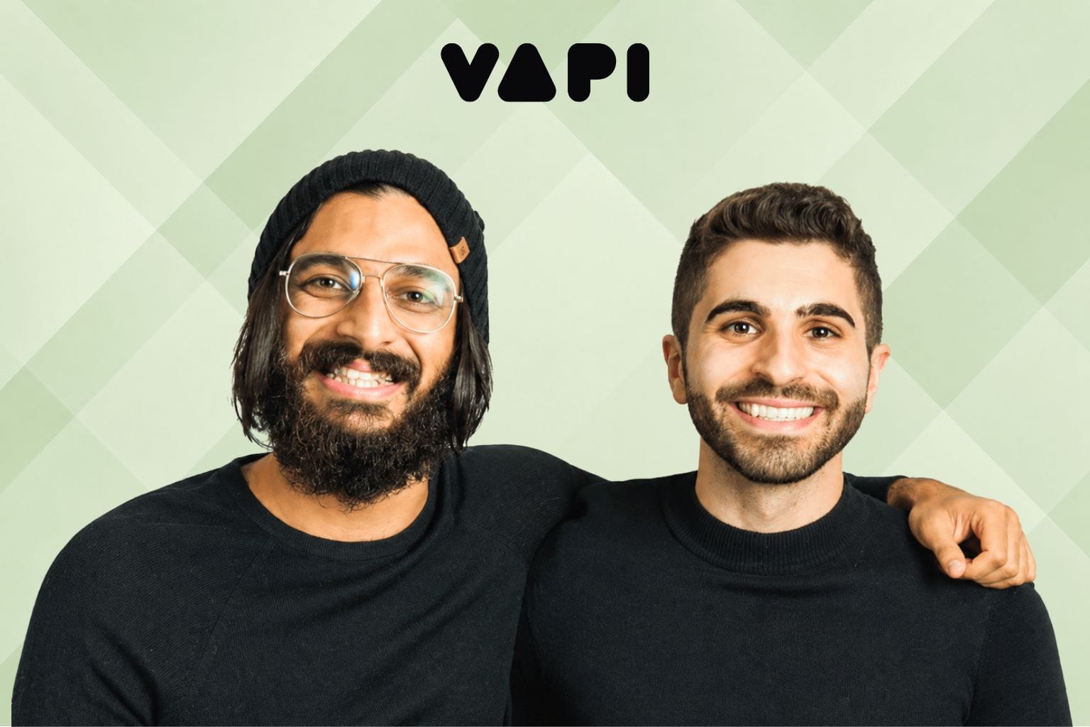Vapi founders and logo with green geometric background