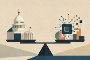 Minimalist geometric illustration of U.S. government and AI technology balanced on a scale, in a muted NYT-style editorial painting aesthetic.