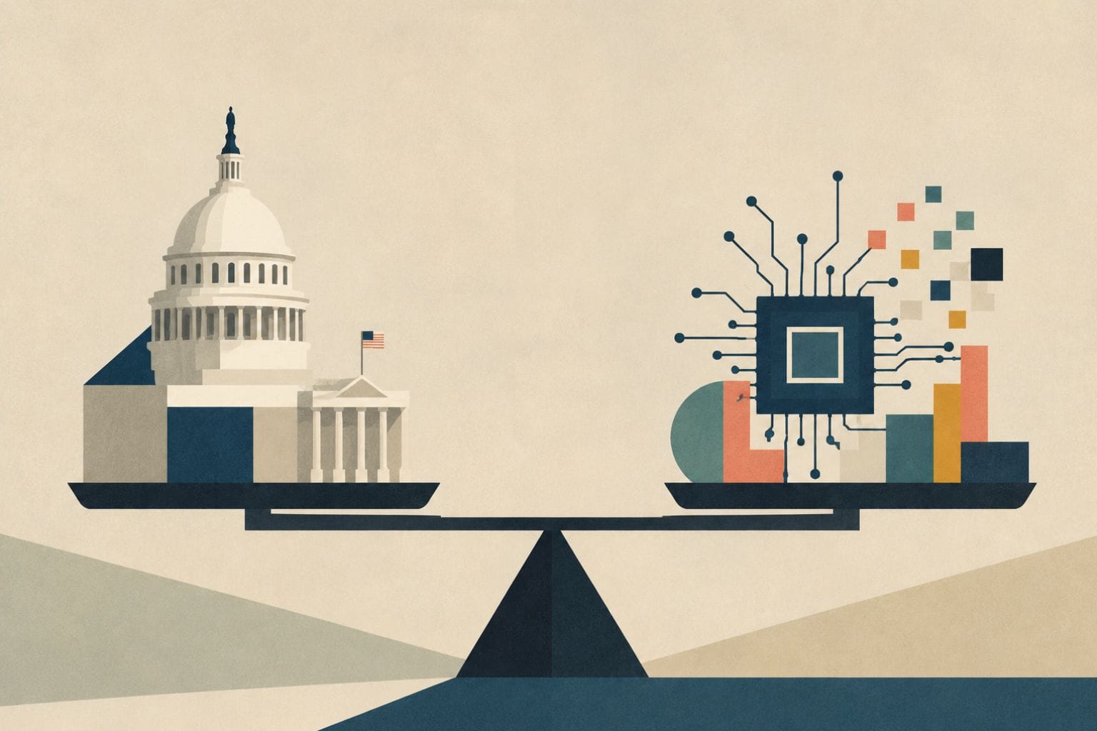 Minimalist geometric illustration of U.S. government and AI technology balanced on a scale, in a muted NYT-style editorial painting aesthetic.