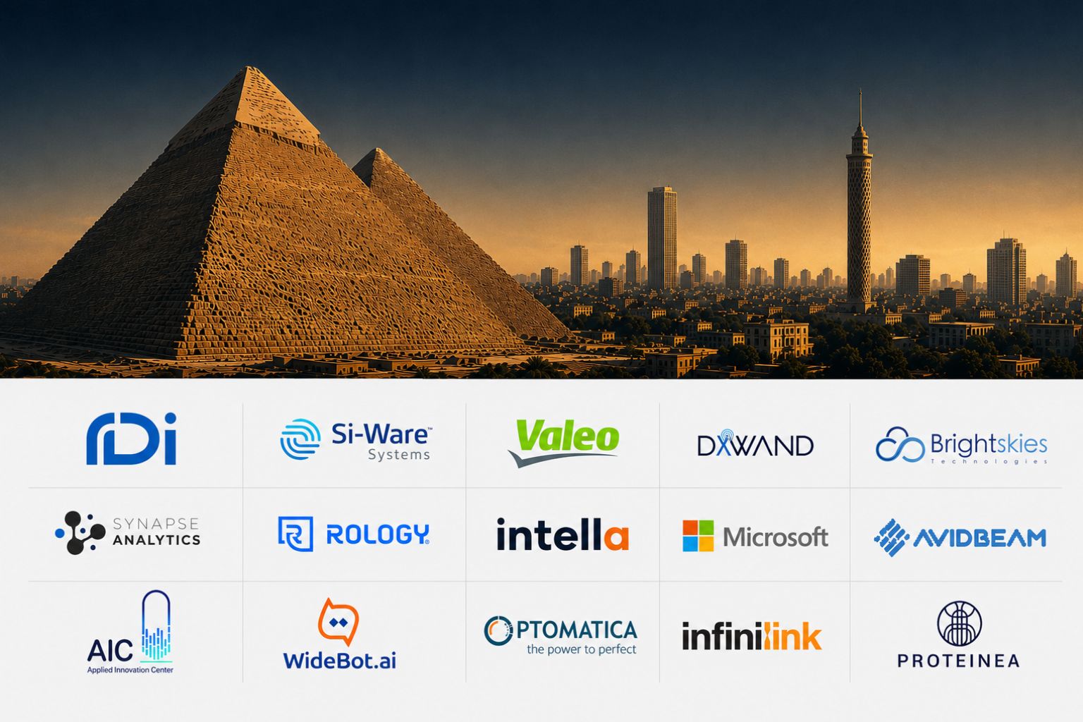 Egypt AI ecosystem featuring the Giza Pyramids, Cairo skyline, and leading Egyptian AI and technology companies.