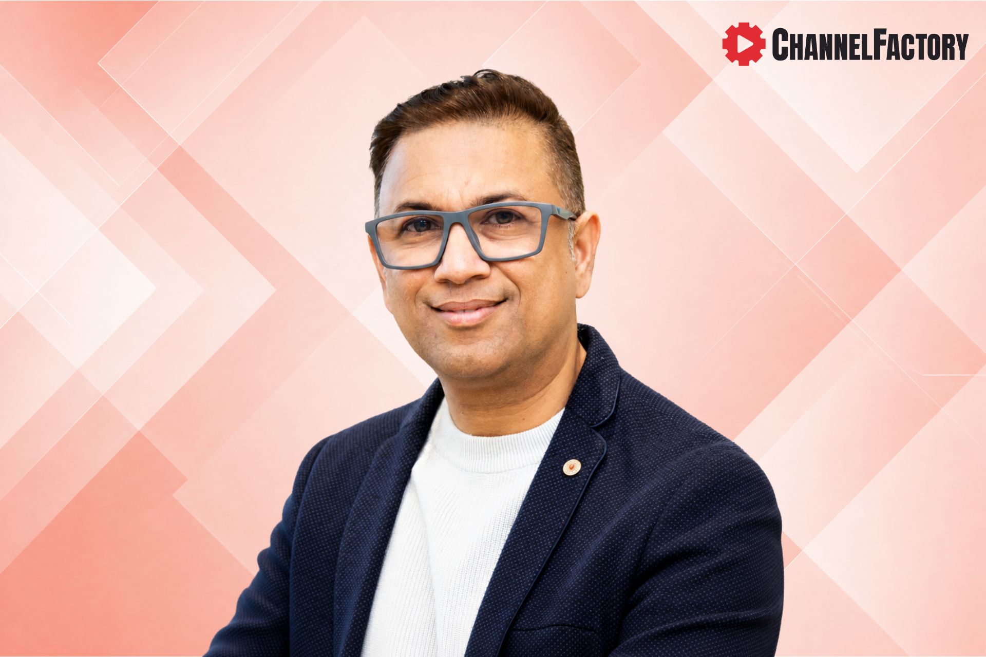 Channel factory CBO Kartik Mehta and logo on a pink geometric pattern background