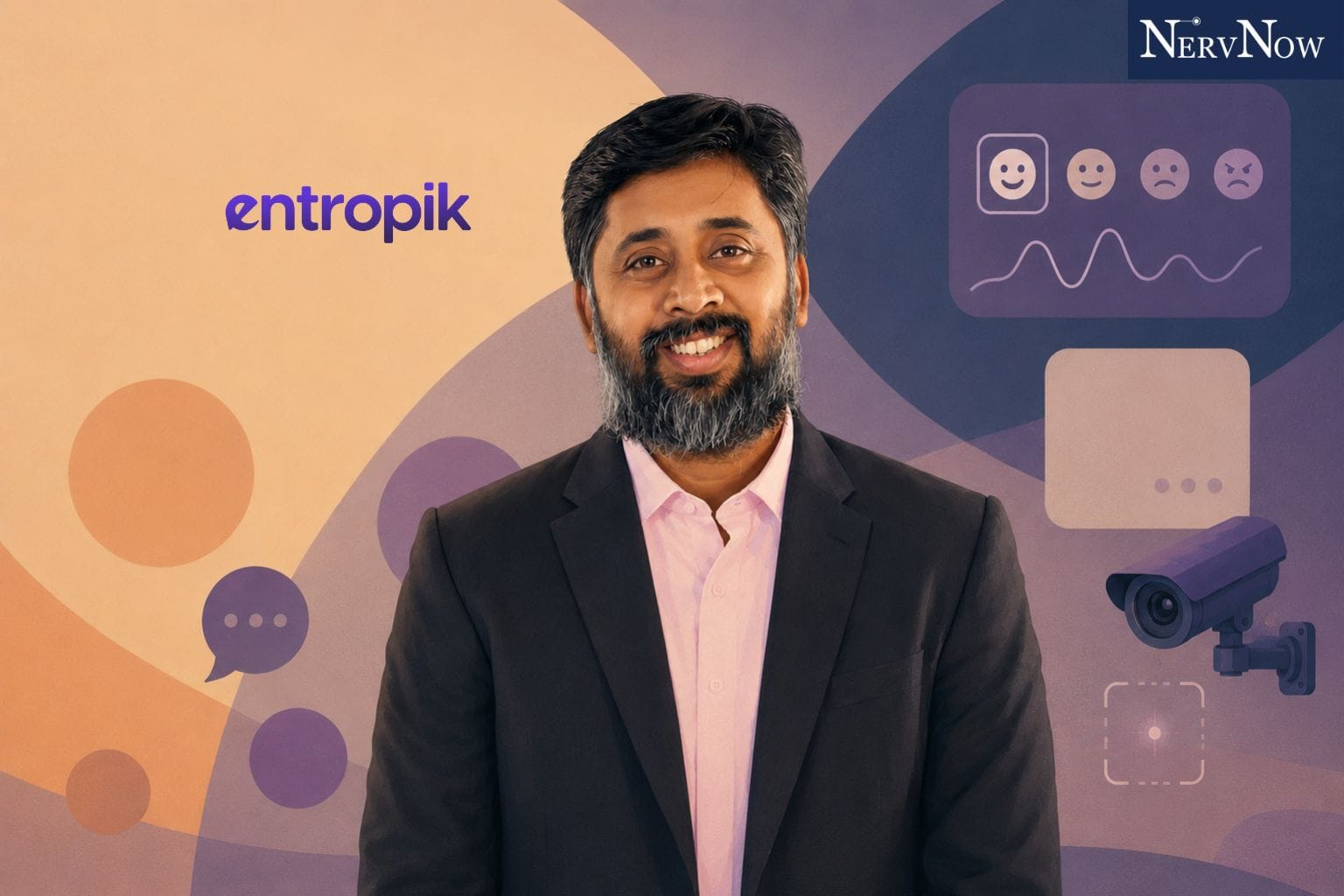 Image of Lava Kumar CEO & Founder, Entropik with subtle elements of emotions and geometric patterns in violet color