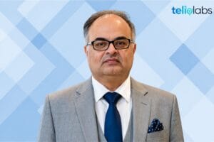 Piyush Sarwal's portrait with geometric blue background and TeliolLbs logo