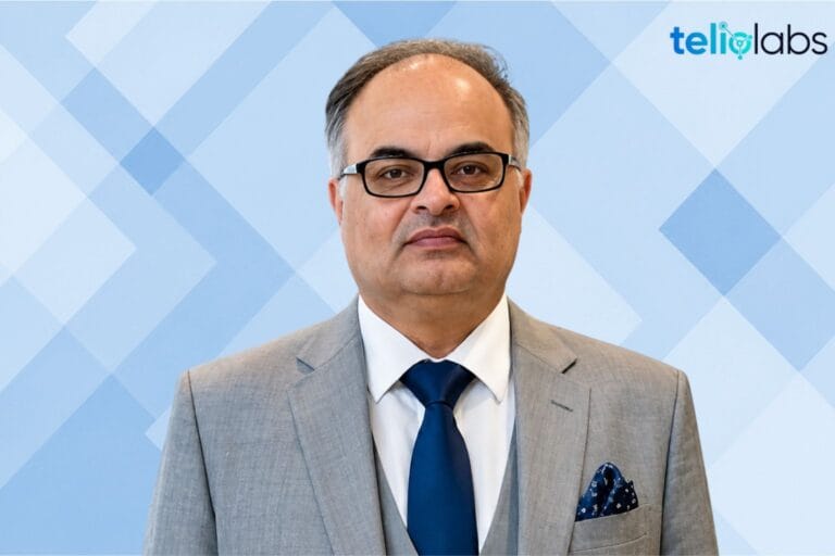 Piyush Sarwal's portrait with geometric blue background and TeliolLbs logo